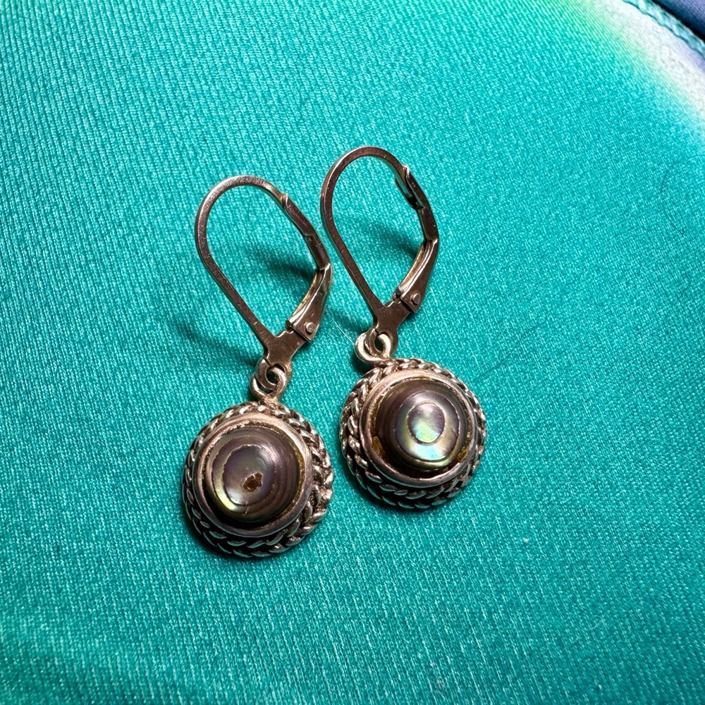 Silver Abalone Shell Dangle Earrings with Textured Frame